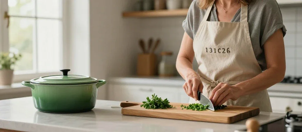 Une cuisinière prépare des ingrédients frais pour une recette dans une cuisine moderne et lumineuse.
