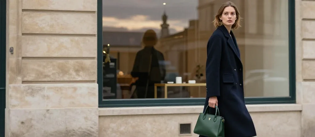 Femme élégante marchant dans une rue parisienne illustrant les tendances de la mode et beauté.