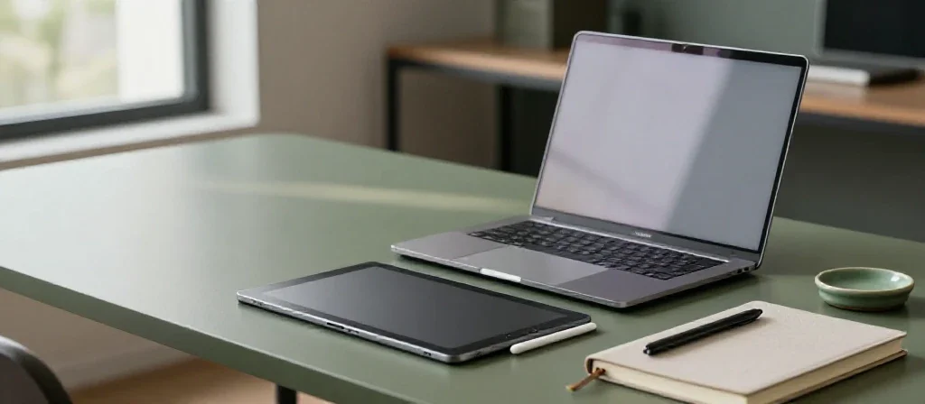 Équipements informatiques modernes sur un bureau sobre pour illustrer les outils technologiques actuels.